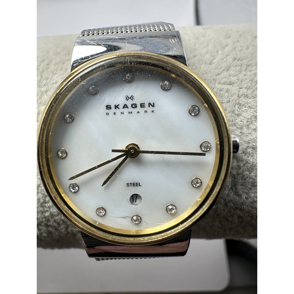 Skagen 355SSSG Ladies MOP Watch New Battery 26MM 8" Stainless Mesh Band T96